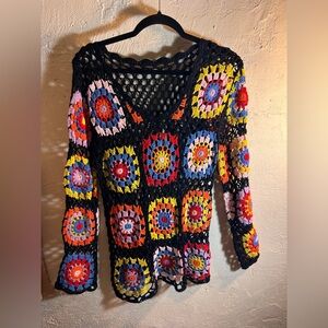 Crochet Sweater Black Multi Color M coastal cowgirl granny core